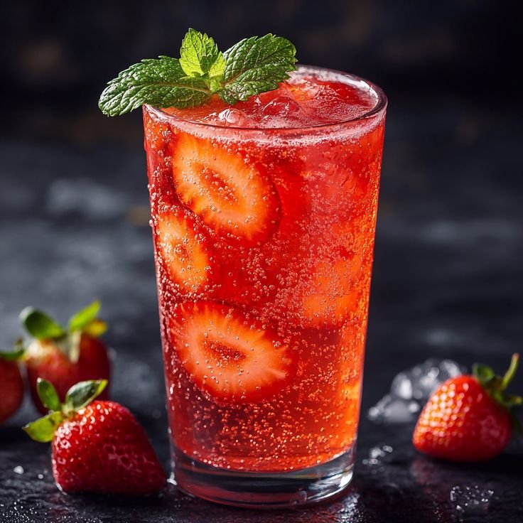 refreshing strawberry drink in a tall glass garnished with a sprig of mint and slices of fresh strawberry. the bright red color of the drink and gas bubbles create a festive and appetizing appearance. generative ai